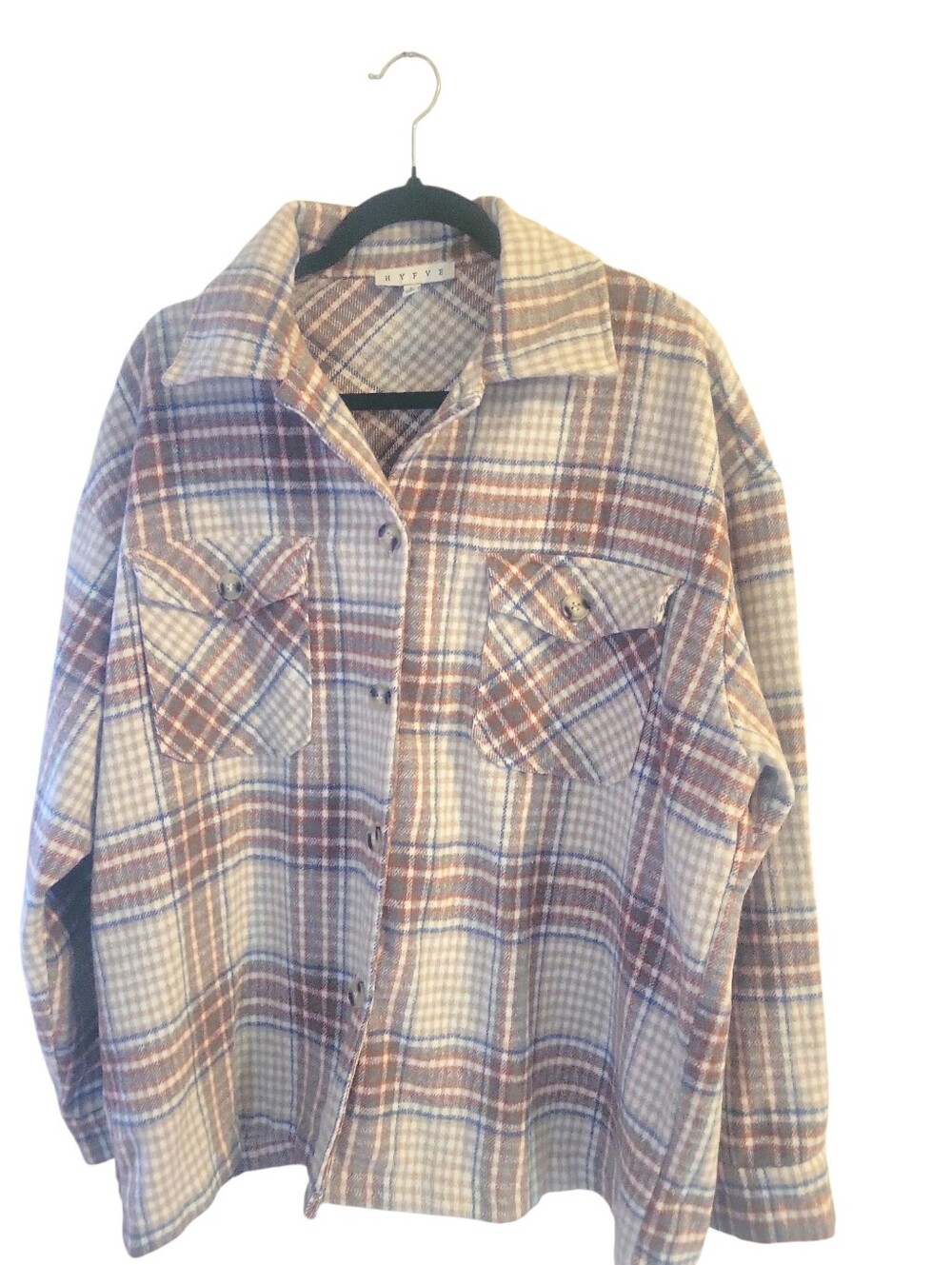 Hyfve Plaid Flannel Shirt Jacket Lightweight Fall Cropped Cream & Brown Jacket L